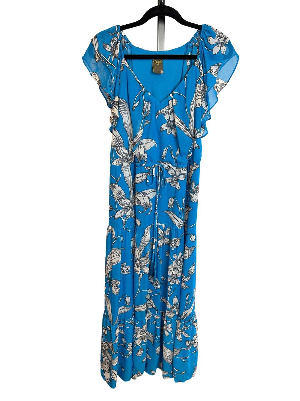 Taylor Bright Blue Floral Tiered Ruffled Maxi Dress Lined L